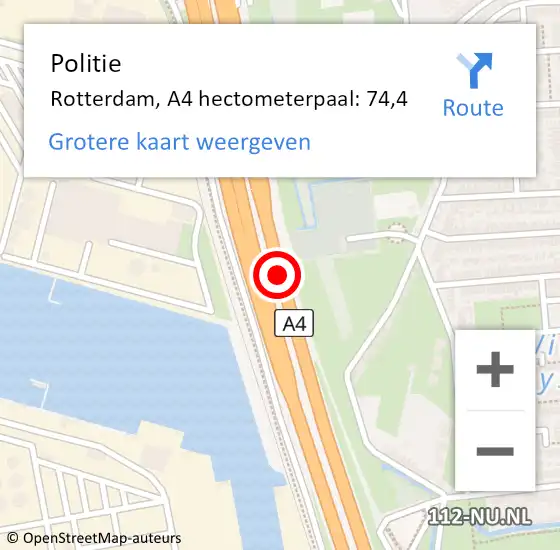 Locatie op kaart van de 112 melding: Politie Rotterdam, A4 hectometerpaal: 74,4 op 31 mei 2025 06:55