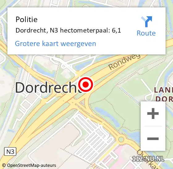 Locatie op kaart van de 112 melding: Politie Dordrecht, N3 hectometerpaal: 6,1 op 31 mei 2025 18:29