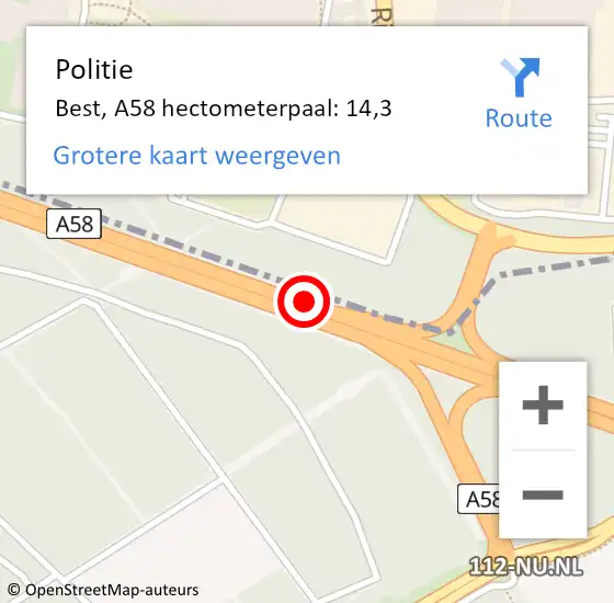 Locatie op kaart van de 112 melding: Politie Best, A58 hectometerpaal: 14,3 op 31 mei 2025 18:40