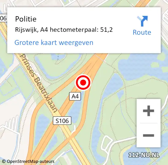 Locatie op kaart van de 112 melding: Politie Rijswijk, A4 hectometerpaal: 51,2 op 1 juni 2025 02:21