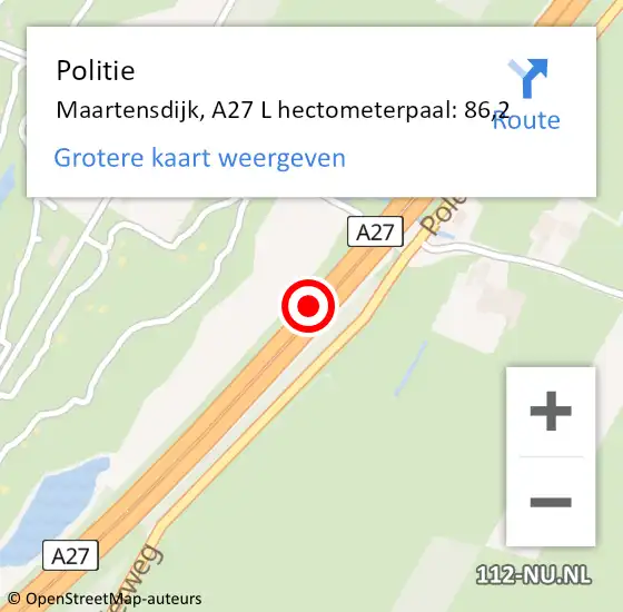 Locatie op kaart van de 112 melding: Politie Maartensdijk, A27 L hectometerpaal: 86,2 op 19 november 2014 07:40