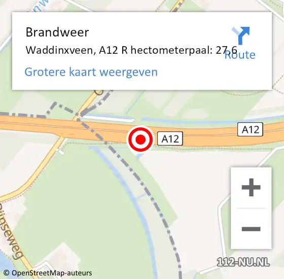 Locatie op kaart van de 112 melding: Brandweer Waddinxveen, A12 R hectometerpaal: 27,6 op 19 november 2014 13:14