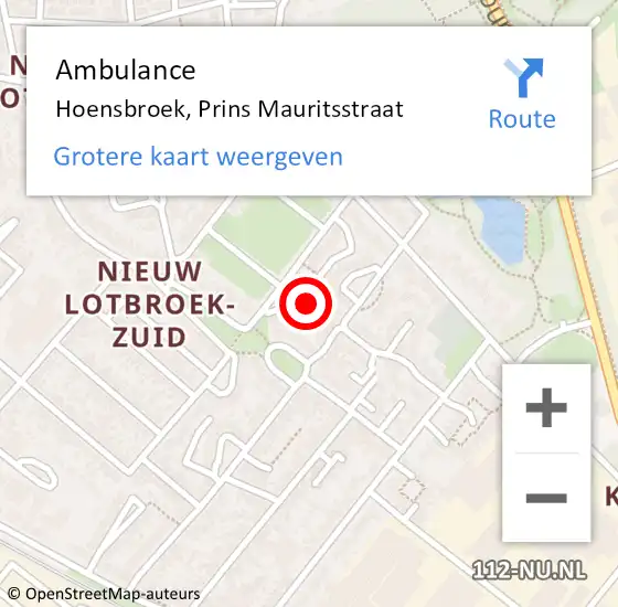 Locatie op kaart van de 112 melding: Ambulance Hoensbroek, Prins Mauritsstraat op 20 november 2014 10:06