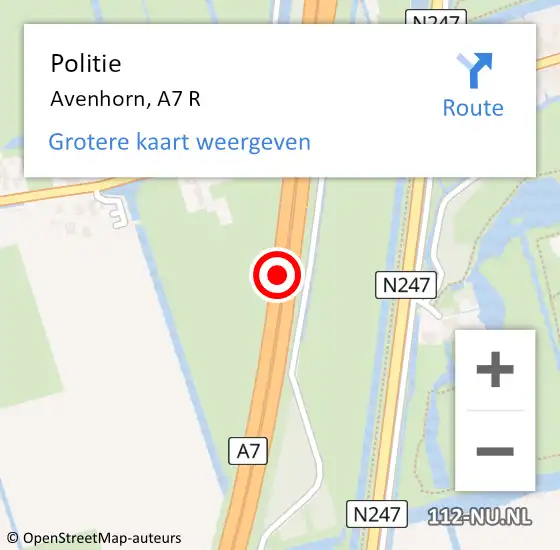 Locatie op kaart van de 112 melding: Politie Avenhorn, A7 op 20 november 2014 21:45