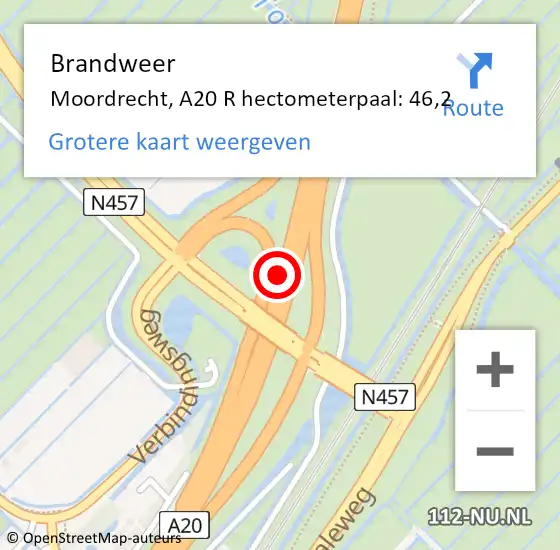 Locatie op kaart van de 112 melding: Brandweer Moordrecht, A20 L hectometerpaal: 46,9 op 21 november 2014 18:47