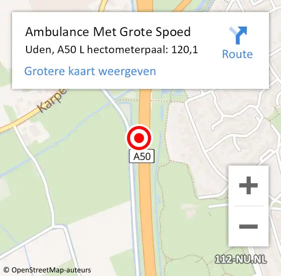 Locatie op kaart van de 112 melding: Ambulance Met Grote Spoed Naar Uden, A50 L hectometerpaal: 120,1 op 21 november 2014 19:39