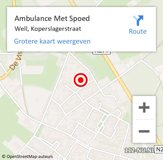 Locatie op kaart van de 112 melding: Ambulance Met Spoed Naar Well, Koperslagerstraat op 22 november 2014 11:42