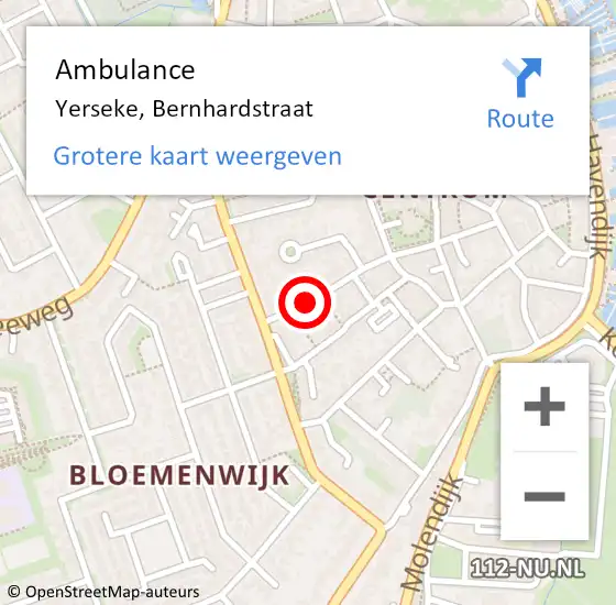 Locatie op kaart van de 112 melding: Ambulance Yerseke, Bernhardstraat op 24 november 2014 12:21