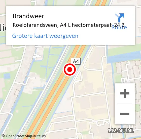 Locatie op kaart van de 112 melding: Brandweer Roelofarendsveen, A4 L hectometerpaal: 27,7 op 24 november 2014 15:33