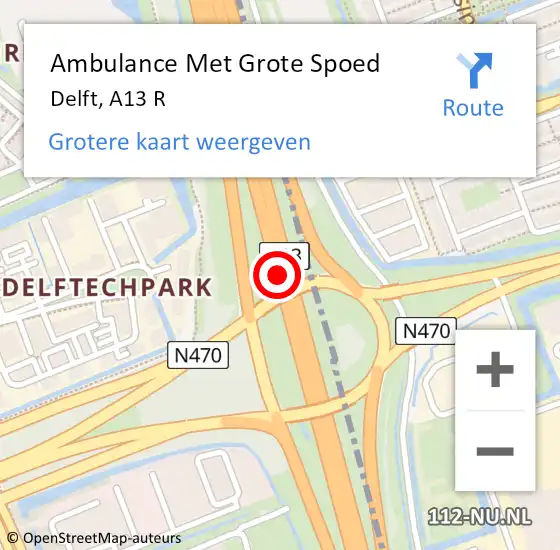 Locatie op kaart van de 112 melding: Ambulance Met Grote Spoed Naar Delft, A13 R op 26 november 2014 17:41