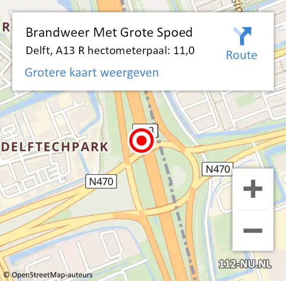 Locatie op kaart van de 112 melding: Brandweer Met Grote Spoed Naar Delft, A13 R op 26 november 2014 17:42
