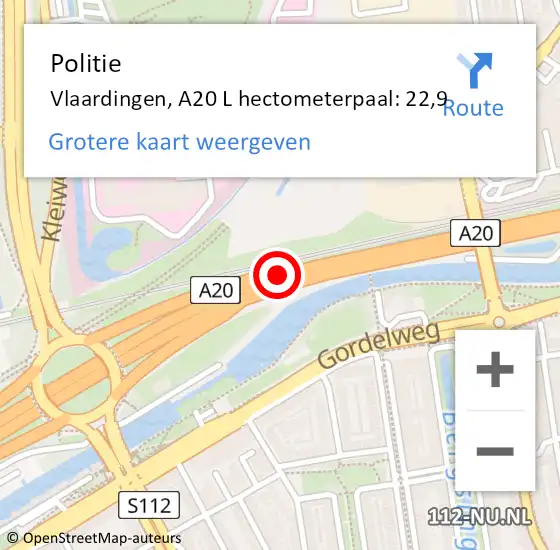 Locatie op kaart van de 112 melding: Politie Vlaardingen, A20 L hectometerpaal: 22,9 op 26 november 2014 17:51