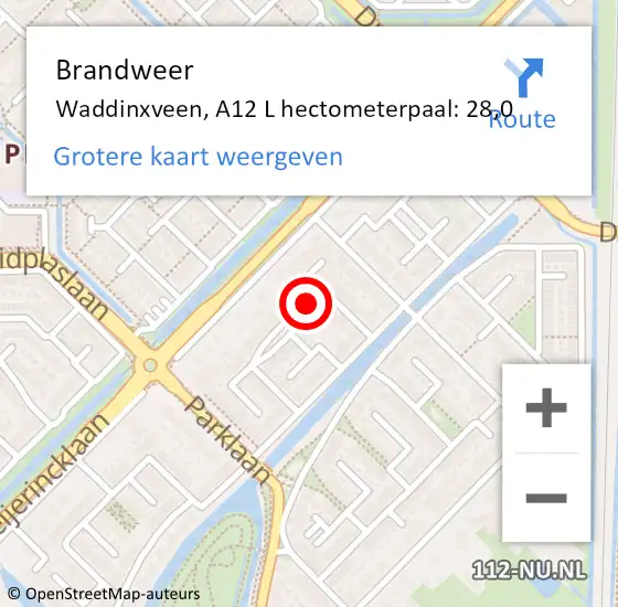 Locatie op kaart van de 112 melding: Brandweer Waddinxveen, A12 R hectometerpaal: 28,0 op 27 november 2014 07:05