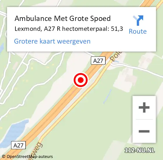Locatie op kaart van de 112 melding: Ambulance Met Grote Spoed Naar Lexmond, A27 R hectometerpaal: 51,3 op 27 november 2014 07:11