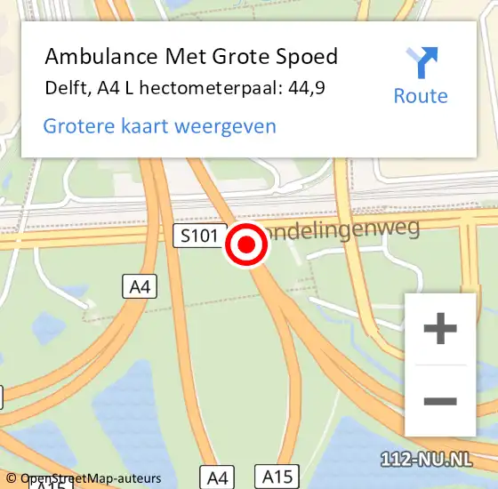 Locatie op kaart van de 112 melding: Ambulance Met Grote Spoed Naar Delft, A4 L hectometerpaal: 44,9 op 27 november 2014 17:47