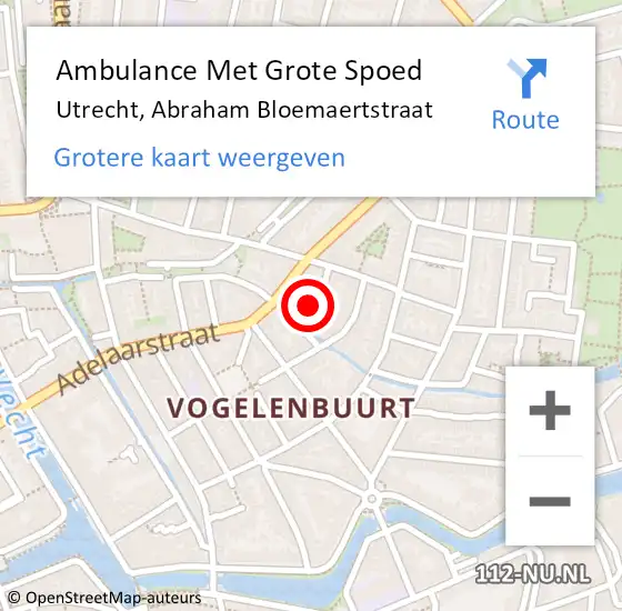 Locatie op kaart van de 112 melding: Ambulance Met Grote Spoed Naar Utrecht, Abraham Bloemaertstraat op 28 november 2014 12:12