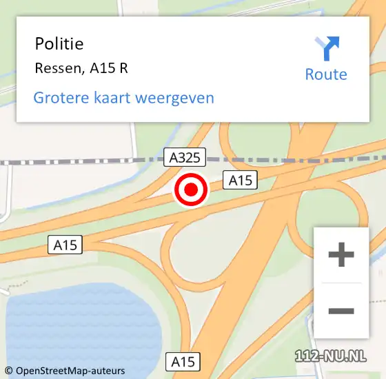 Locatie op kaart van de 112 melding: Politie Ressen, A15 R op 1 december 2014 08:34