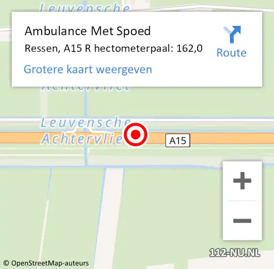 Locatie op kaart van de 112 melding: Ambulance Met Spoed Naar Ressen, A15 R hectometerpaal: 162,0 op 1 december 2014 08:47