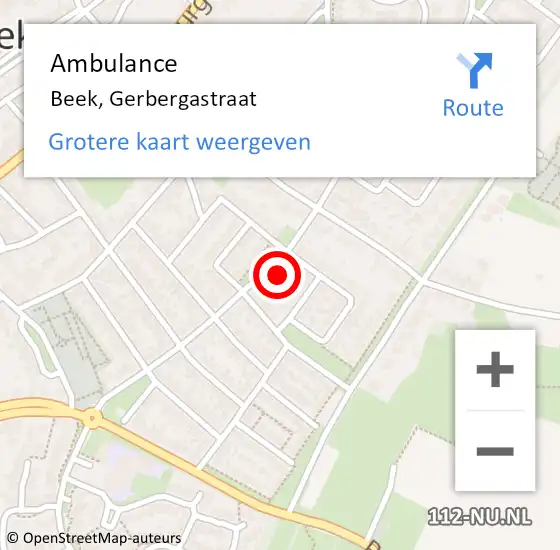 Locatie op kaart van de 112 melding: Ambulance Beek, Gerbergastraat op 1 december 2014 12:39