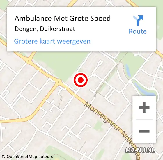 Locatie op kaart van de 112 melding: Ambulance Met Grote Spoed Naar Dongen, Duikerstraat op 1 december 2014 22:29