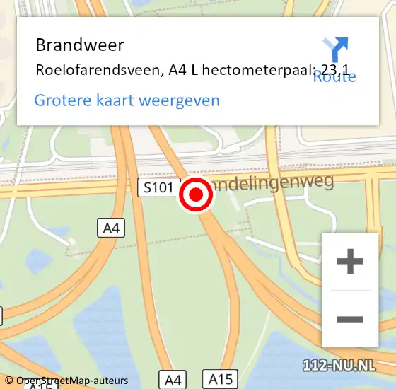 Locatie op kaart van de 112 melding: Brandweer Roelofarendsveen, A4 L hectometerpaal: 23,1 op 2 december 2014 05:20