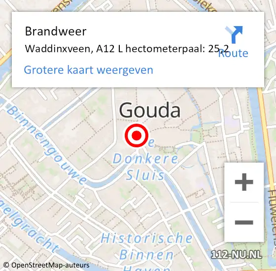 Locatie op kaart van de 112 melding: Brandweer Waddinxveen, A12 R hectometerpaal: 25,2 op 2 december 2014 09:11