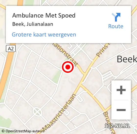 Locatie op kaart van de 112 melding: Ambulance Met Spoed Naar Beek, Julianalaan op 3 december 2014 09:51