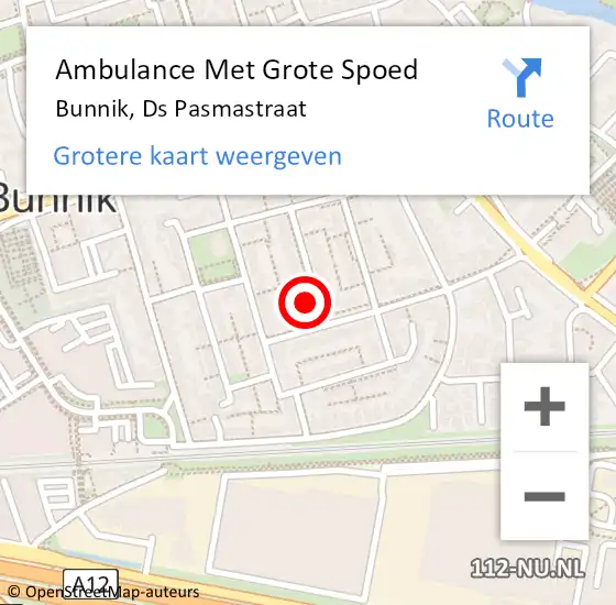 Locatie op kaart van de 112 melding: Ambulance Met Grote Spoed Naar Bunnik, Ds Pasmastraat op 4 december 2014 02:30