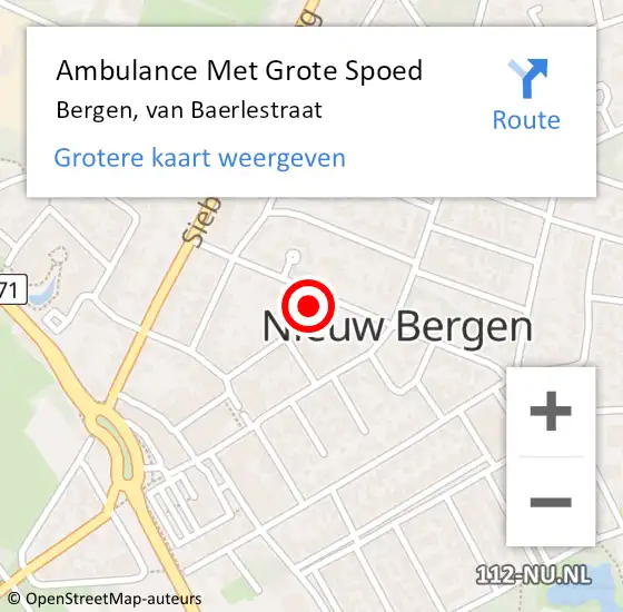 Locatie op kaart van de 112 melding: Ambulance Met Grote Spoed Naar Bergen, van Baerlestraat op 5 december 2014 09:36