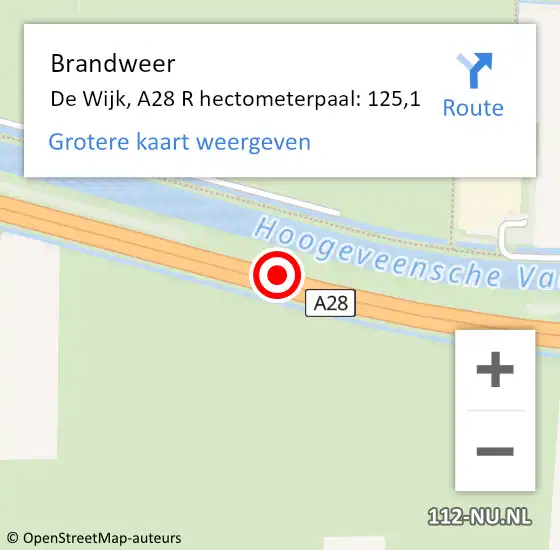 Locatie op kaart van de 112 melding: Brandweer De Wijk, A28 R hectometerpaal: 125,1 op 6 december 2014 00:22