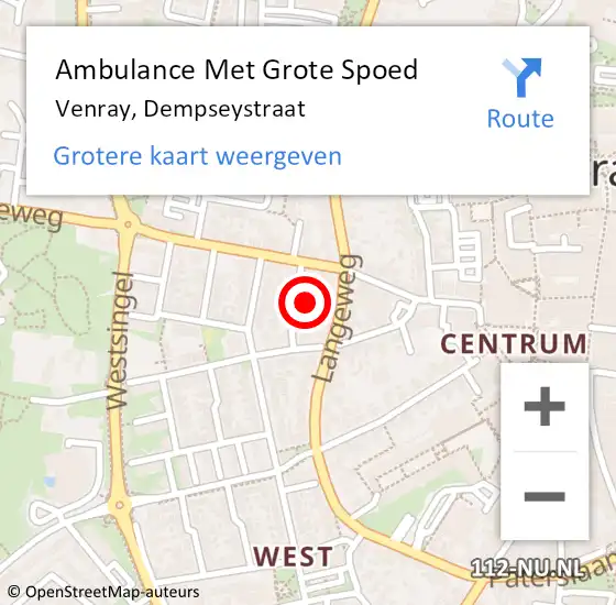 Locatie op kaart van de 112 melding: Ambulance Met Grote Spoed Naar Venray, Dempseystraat op 6 december 2014 09:05