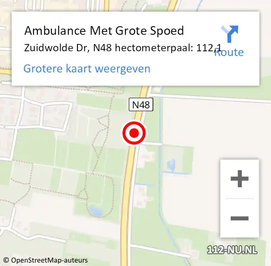 Locatie op kaart van de 112 melding: Ambulance Met Grote Spoed Naar Zuidwolde Dr, N48 hectometerpaal: 112,1 op 7 december 2014 17:27