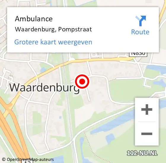 Locatie op kaart van de 112 melding: Ambulance Waardenburg, Pompstraat op 8 december 2014 00:31