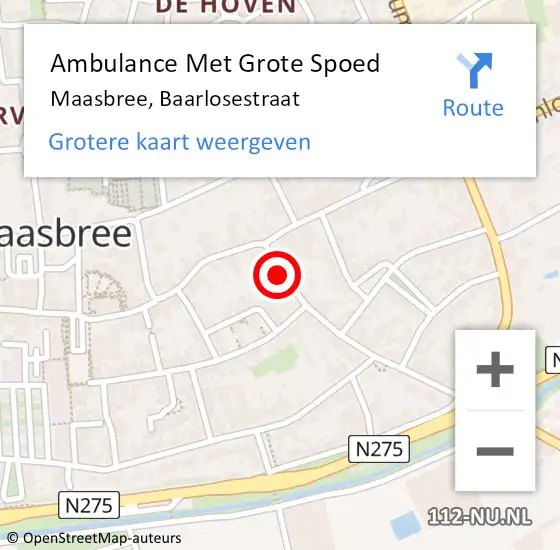 Locatie op kaart van de 112 melding: Ambulance Met Grote Spoed Naar Maasbree, Baarlosestraat op 8 december 2014 18:12