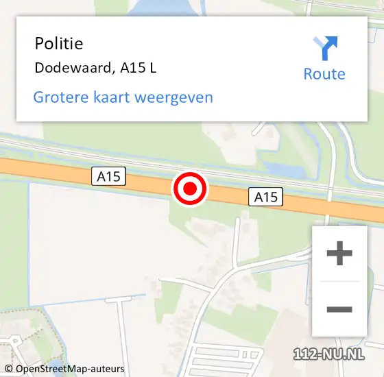 Locatie op kaart van de 112 melding: Politie Dodewaard, A15 L op 9 december 2014 10:39