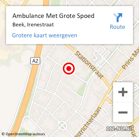 Locatie op kaart van de 112 melding: Ambulance Met Grote Spoed Naar Beek, Irenestraat op 9 december 2014 12:24