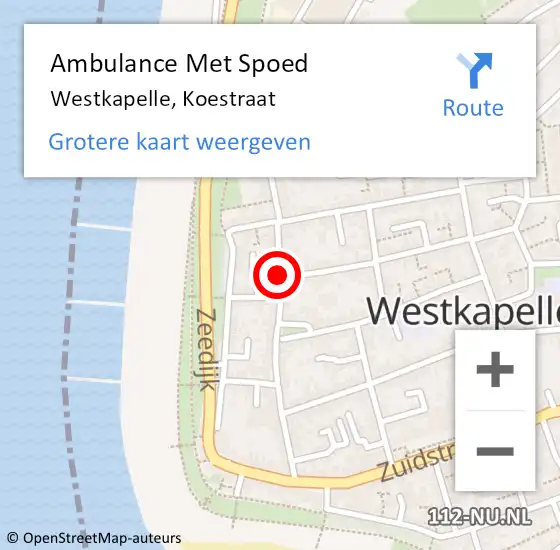 Locatie op kaart van de 112 melding: Ambulance Met Spoed Naar Westkapelle, Koestraat op 9 december 2014 14:29