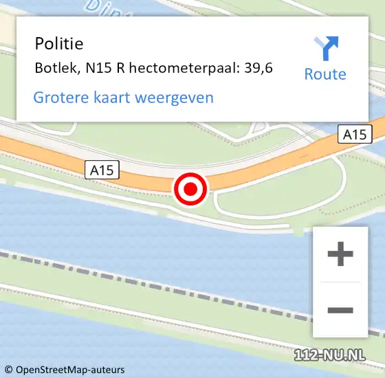 Locatie op kaart van de 112 melding: Politie Botlek, N15 R hectometerpaal: 39,6 op 10 december 2014 09:16