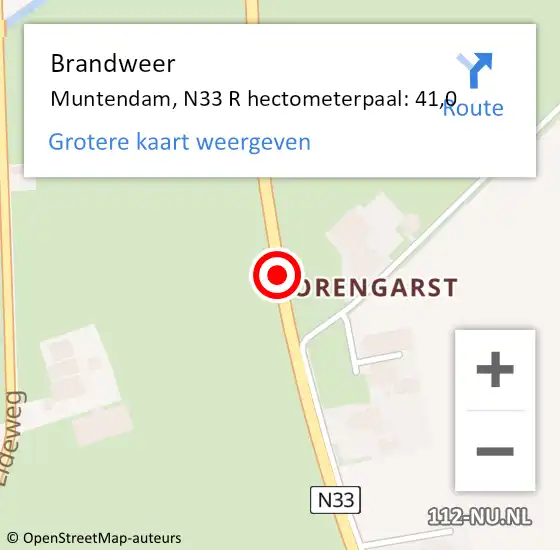 Locatie op kaart van de 112 melding: Brandweer Muntendam, N33 R hectometerpaal: 41,0 op 10 december 2014 20:07