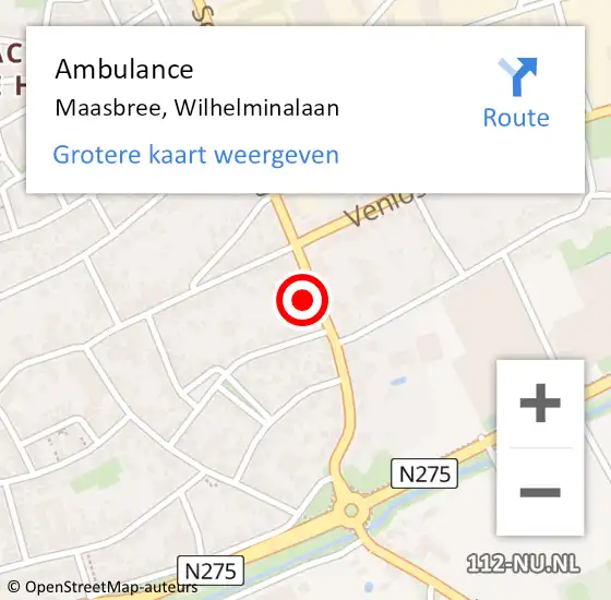 Locatie op kaart van de 112 melding: Ambulance Maasbree, Wilhelminalaan op 10 december 2014 21:07