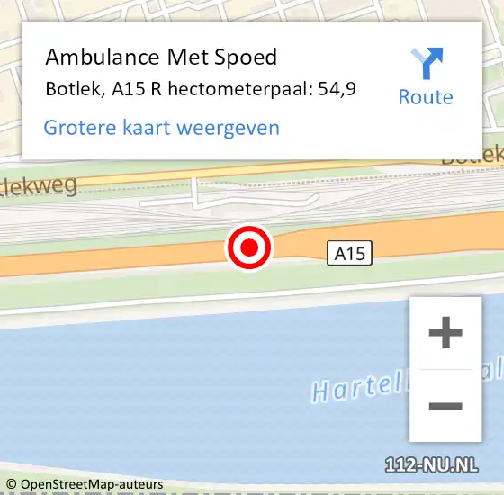 Locatie op kaart van de 112 melding: Ambulance Met Spoed Naar Botlek, A15 R hectometerpaal: 54,9 op 11 december 2014 08:09