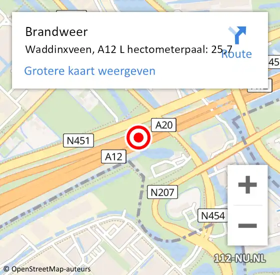 Locatie op kaart van de 112 melding: Brandweer Waddinxveen, A12 R hectometerpaal: 30,4 op 12 december 2014 07:01