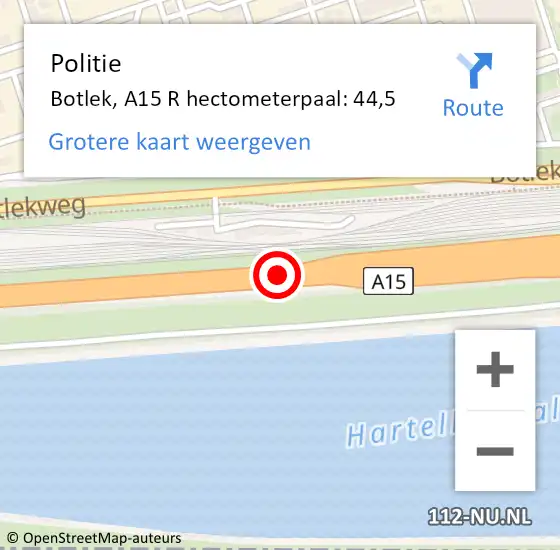 Locatie op kaart van de 112 melding: Politie Botlek, A15 L hectometerpaal: 40,5 op 12 december 2014 21:32