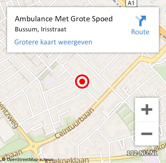 Locatie op kaart van de 112 melding: Ambulance Met Grote Spoed Naar Bussum, Irisstraat op 13 december 2014 20:29