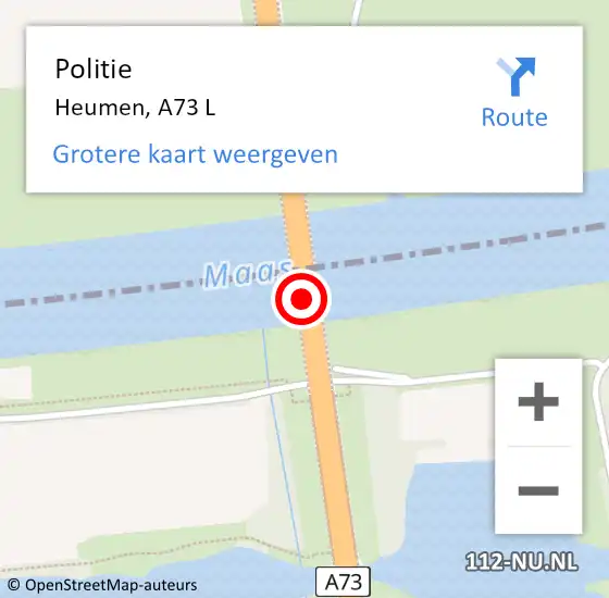 Locatie op kaart van de 112 melding: Politie Heumen, A73 L op 15 december 2014 09:07