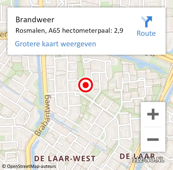 Locatie op kaart van de 112 melding: Brandweer Rosmalen, A65 hectometerpaal: 2,9 op 15 december 2014 15:22