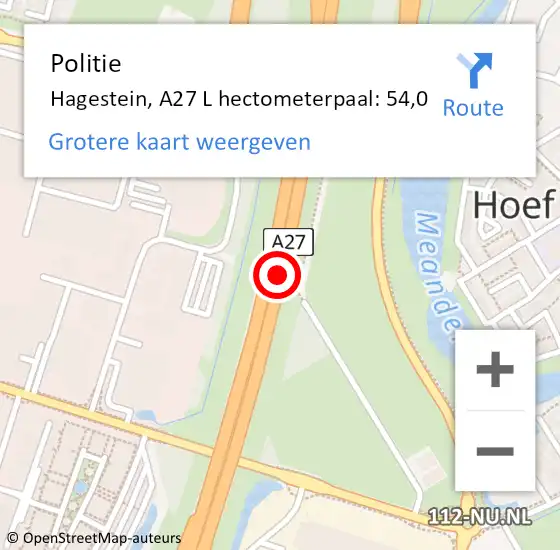 Locatie op kaart van de 112 melding: Politie Hagestein, A27 R hectometerpaal: 55,8 op 17 december 2014 18:07