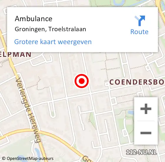 Locatie op kaart van de 112 melding: Ambulance Groningen, Troelstralaan op 18 december 2014 11:33