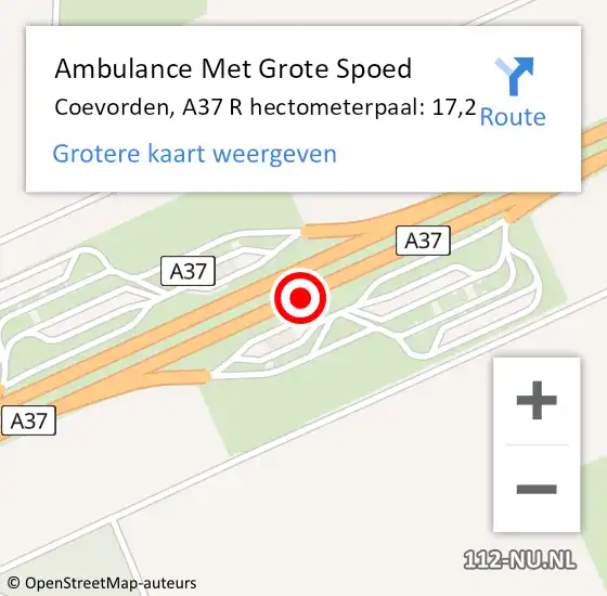 Locatie op kaart van de 112 melding: Ambulance Met Grote Spoed Naar Coevorden, A37 R hectometerpaal: 17,2 op 18 december 2014 20:37