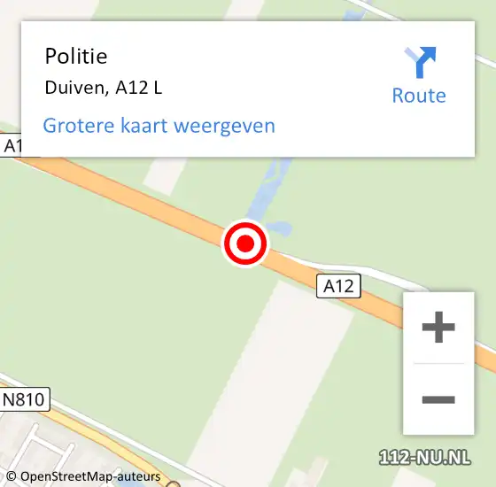 Locatie op kaart van de 112 melding: Politie Duiven, A12 L op 19 december 2014 01:35